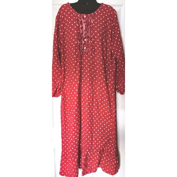Noble Mount Flannel Nightgown Sz Medium Red Polka Dot Ruffle Cottagecore Granny - Picture 2 of 7